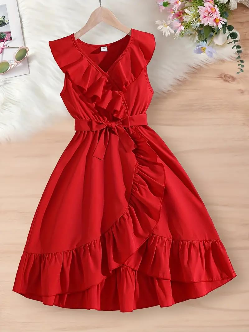 PINK WINGS Girls Knee Length Cotton Wrap Dress (7-8 Years, Red) - Image 3