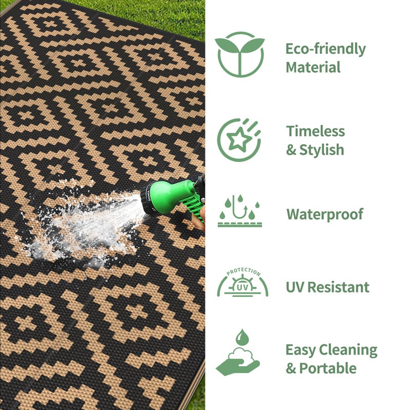 GENIMO Outdoor Rugs 8x10 Waterproof, Reversible Mats, Area Plastic Straw Rug, Outside Carpet, Geometric Rv Mat for Patio Camping Rv Picnic Backyard Deck Balcony Porch Beach Trailer (Black & Brown) - Image 5