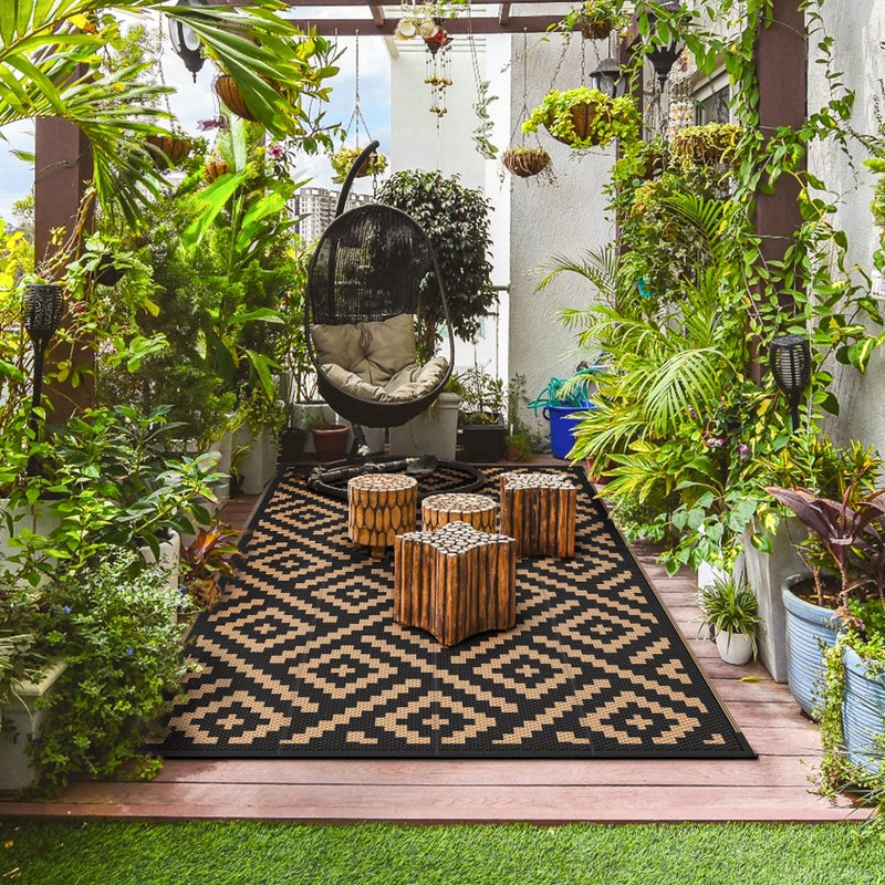 GENIMO Outdoor Rugs 8x10 Waterproof, Reversible Mats, Area Plastic Straw Rug, Outside Carpet, Geometric Rv Mat for Patio Camping Rv Picnic Backyard Deck Balcony Porch Beach Trailer (Black & Brown) - Image 3