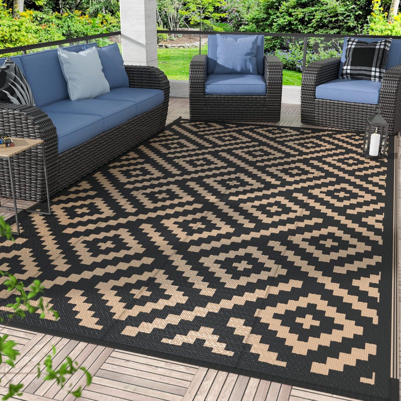GENIMO Outdoor Rugs 8x10 Waterproof, Reversible Mats, Area Plastic Straw Rug, Outside Carpet, Geometric Rv Mat for Patio Camping Rv Picnic Backyard Deck Balcony Porch Beach Trailer (Black & Brown) - Image 1