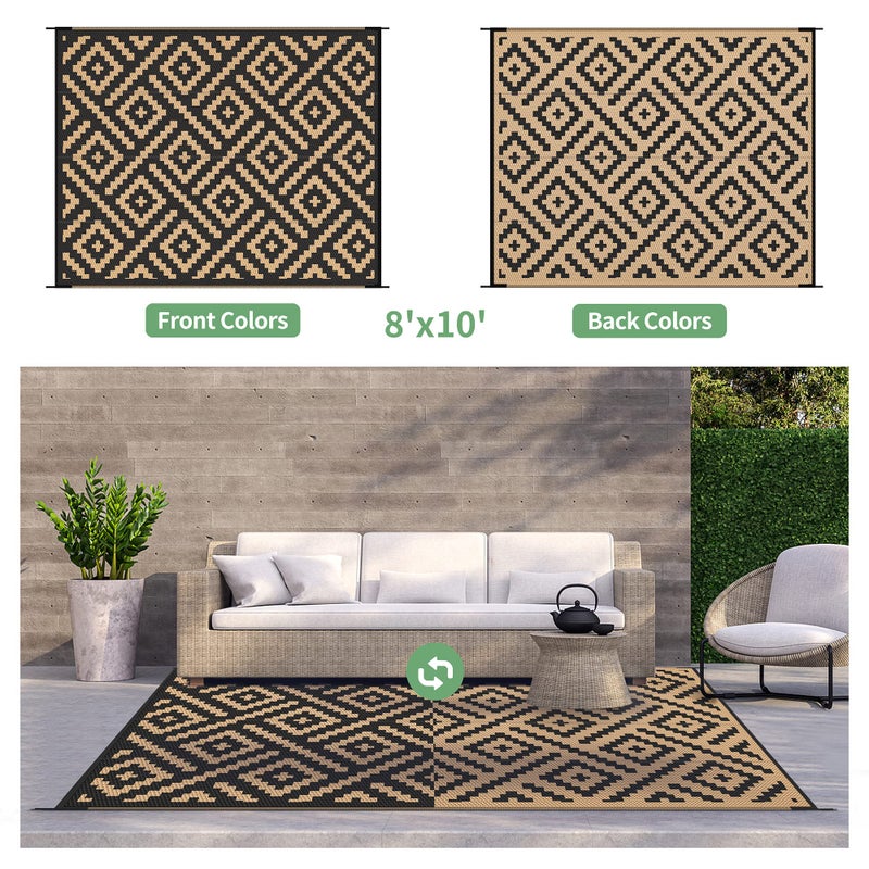 GENIMO Outdoor Rugs 8x10 Waterproof, Reversible Mats, Area Plastic Straw Rug, Outside Carpet, Geometric Rv Mat for Patio Camping Rv Picnic Backyard Deck Balcony Porch Beach Trailer (Black & Brown) - Image 4