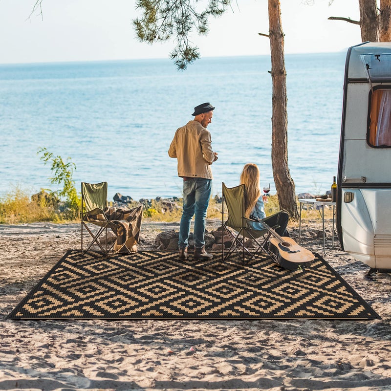 GENIMO Outdoor Rugs 8x10 Waterproof, Reversible Mats, Area Plastic Straw Rug, Outside Carpet, Geometric Rv Mat for Patio Camping Rv Picnic Backyard Deck Balcony Porch Beach Trailer (Black & Brown) - Image 2