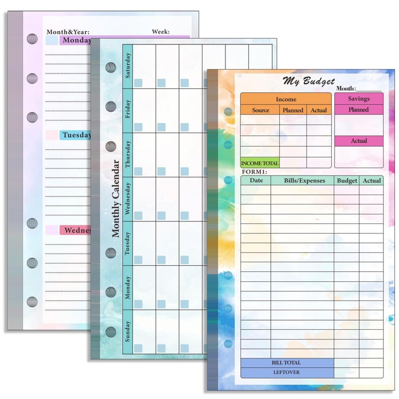 Toplive 3 Pack A6 Planner Refill Paper & Budget Sheets, Monthly Weekly Planner Losse Leaf Inserts 6 Hole Expense Tracker or A6 Planner Binder Cover Budget Bill Saving Organizer, Colorful 3 Pack - Image 1