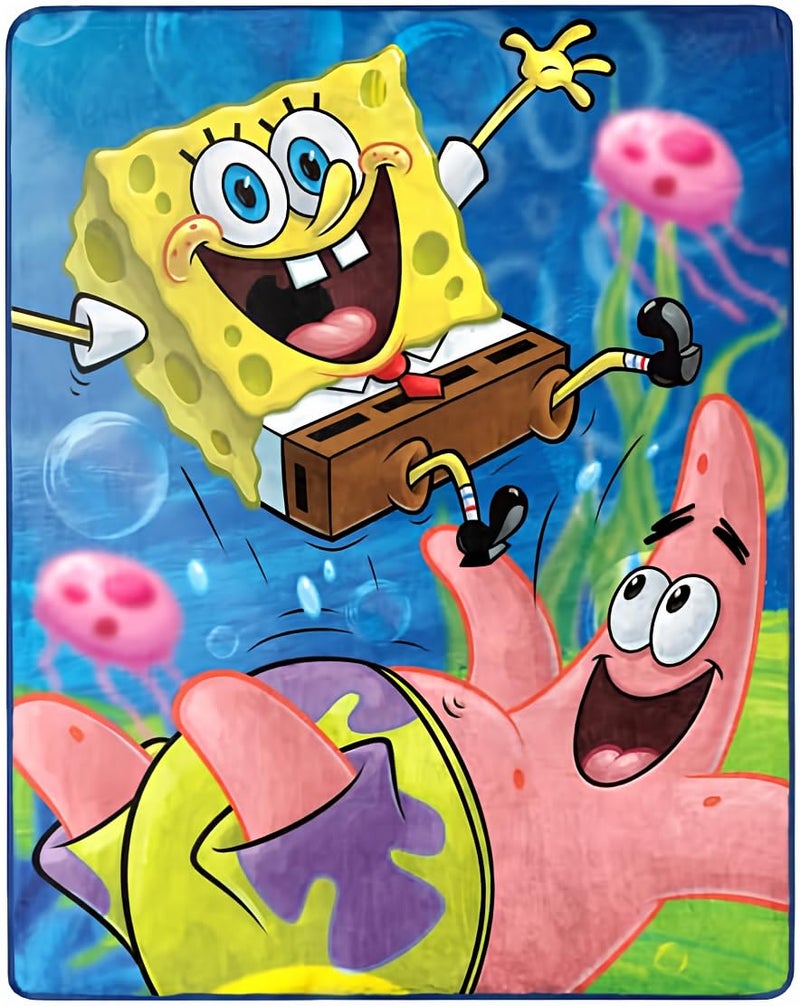 Nickelodeon Spongebob Squarepants Silky Soft Throw Blanket., Blue, Yellow, Pink, Green, White
