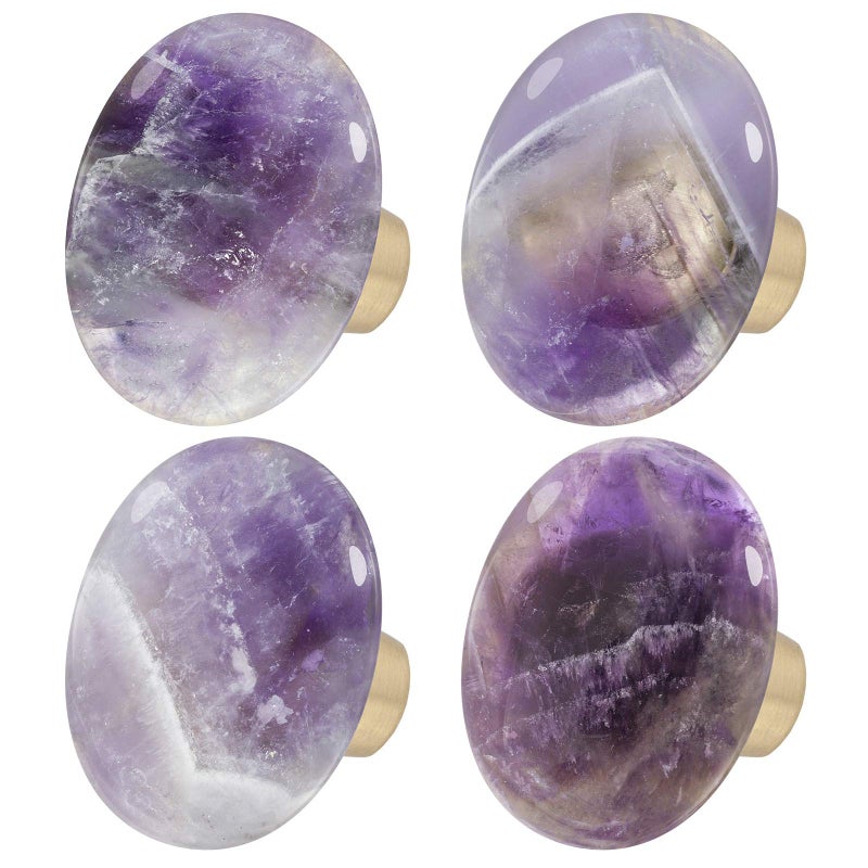 Rockcloud Natural Amethyst Crystal Stone Knob Drawer With Screws Oval Rough Gemstone Pull Handle For Dresser Cabinet Wardrobe Hardware Accessories Home Furniture Decoration 4 Pcs - Image 1