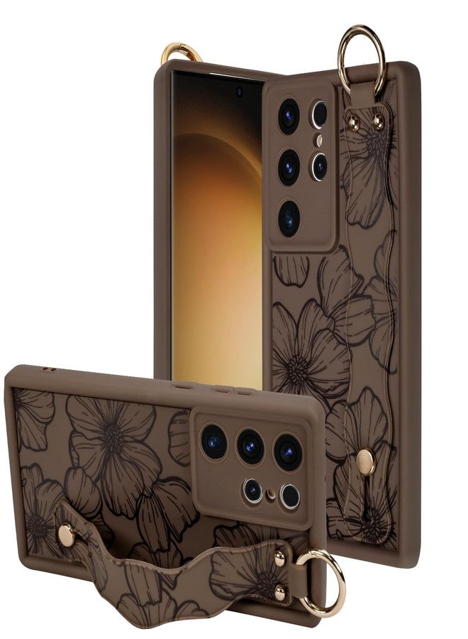 OOK Compatible with Samsung Galaxy S23 Ultra Case with Wrist Strap, Aesthetic Brown Flower Floral TPU Shockproof Protection Slim Cover with Camera Protection for Women Girls, for 6.8inch - Image 1
