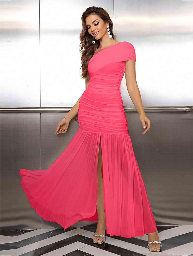 LAGSHIAN Women's Elegant Formal Long Dress One Shoulder Sleeveless Ruched Bodycon Evening Dress Fluopink - Image 3