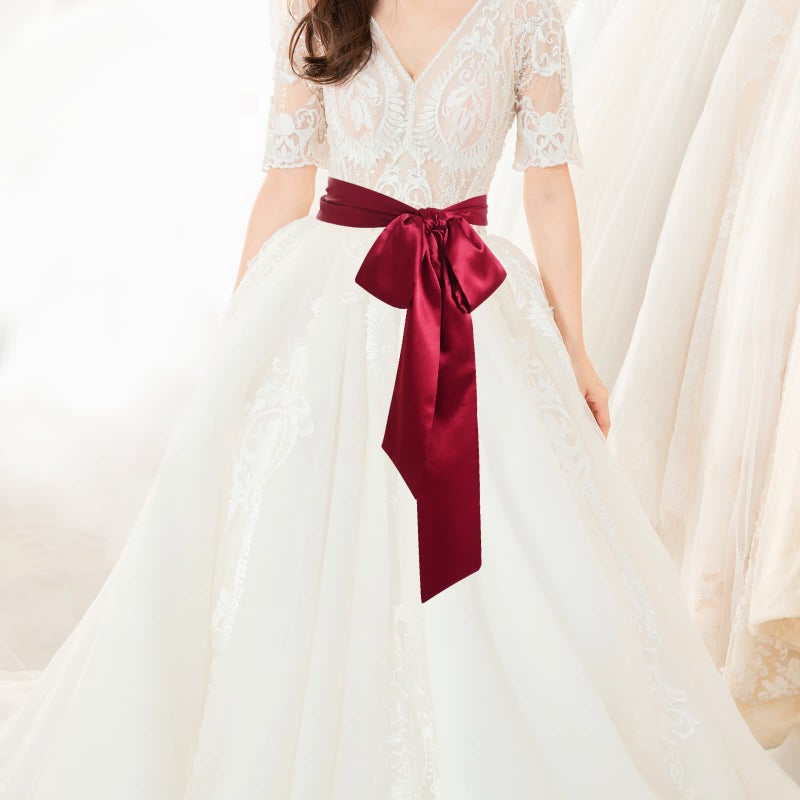 obmwang Wedding Satin Sash Belt for Special Occasion Dress Bridal Sash 4'' Wide Double Side, Wine Red - Image 4
