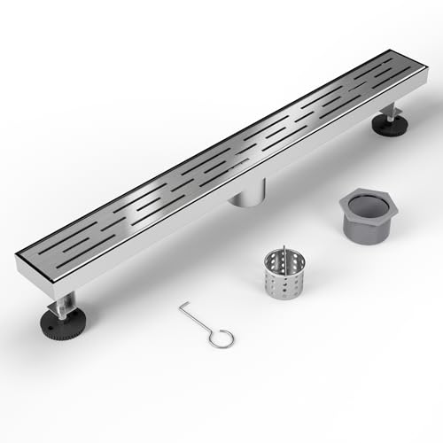 HTOH Shower Drain Stainless Steel for Bathroom: Brushed Nickel Linear Shower Drain 24 Inch with Removable Brick Pattern Grate - Adjustable Rectangular Shower Floor Drain with Hair Strainer - Image 1