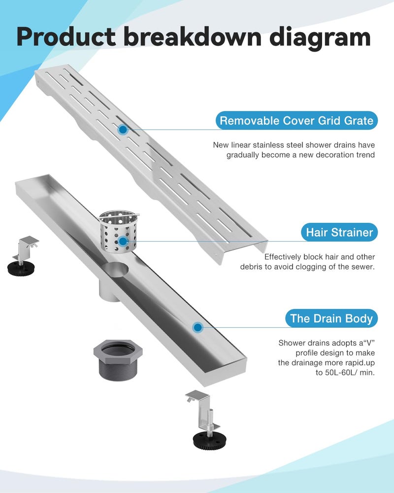 HTOH Shower Drain Stainless Steel for Bathroom: Brushed Nickel Linear Shower Drain 24 Inch with Removable Brick Pattern Grate - Adjustable Rectangular Shower Floor Drain with Hair Strainer - Image 3