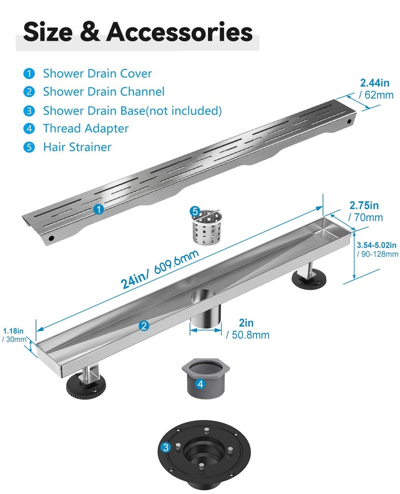 HTOH Shower Drain Stainless Steel for Bathroom: Brushed Nickel Linear Shower Drain 24 Inch with Removable Brick Pattern Grate - Adjustable Rectangular Shower Floor Drain with Hair Strainer - Image 5