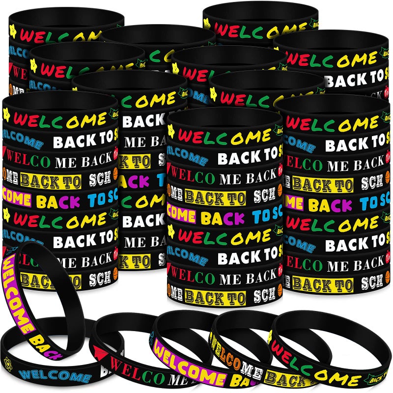 Kigeli 60 Pcs Welcome Back to School Bracelets Silicone Wristbands Gift Bulk First Day of School Favor for Kindergarten Students Prize Party Supplies Decorations Black Style - Image 2