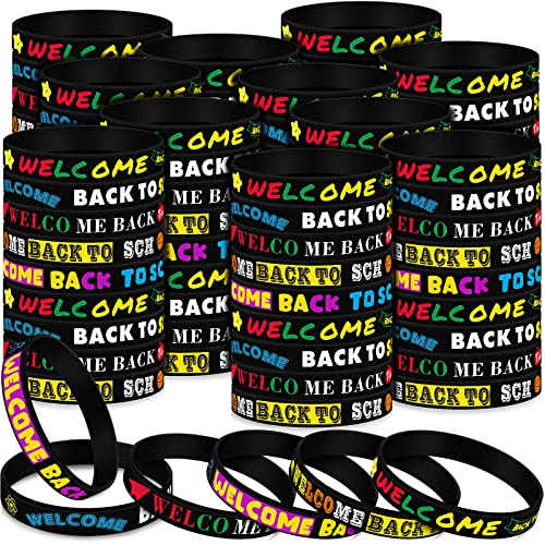 Kigeli 60 Pcs Welcome Back to School Bracelets Silicone Wristbands Gift Bulk First Day of School Favor for Kindergarten Students Prize Party Supplies Decorations Black Style - Image 1