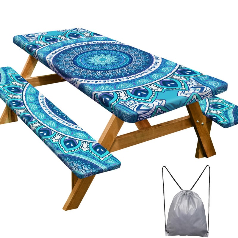 Play Tailor Picnic Table Cover with Bench Covers Camping Essentials Waterproof Windproof Camping Tablecloth with Drawstring Bag, Fitted Rectangle Tables and Seats, 72in, Air Superiority Blue - Image 1