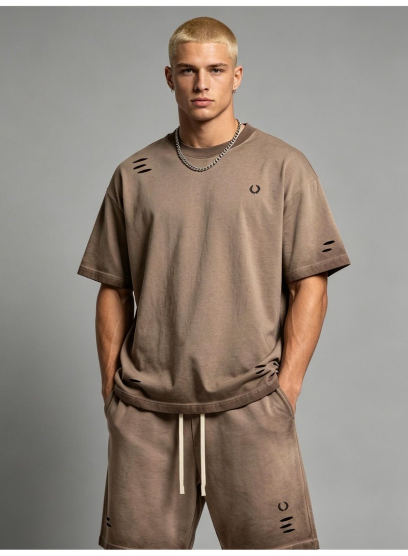 فريد بيري FRED PERRY three-dimensional LOGO for men and women is vintage washed to make an old casual suit, with loose short-sleeved T-shirts and casual shorts. - Image 5