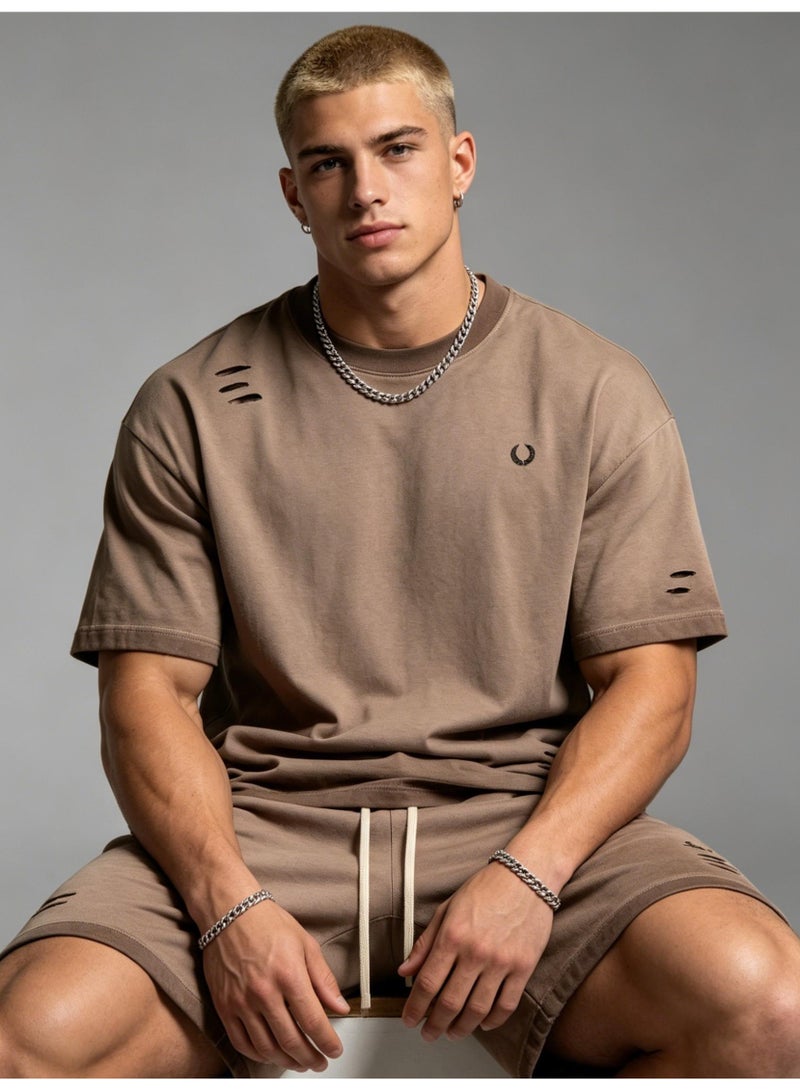 فريد بيري FRED PERRY three-dimensional LOGO for men and women is vintage washed to make an old casual suit, with loose short-sleeved T-shirts and casual shorts. - Image 1