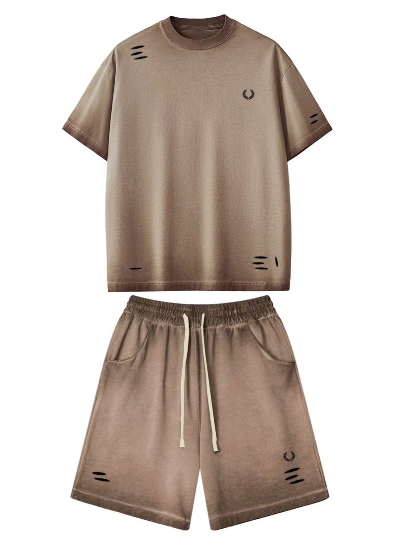 فريد بيري FRED PERRY three-dimensional LOGO for men and women is vintage washed to make an old casual suit, with loose short-sleeved T-shirts and casual shorts. - Image 3