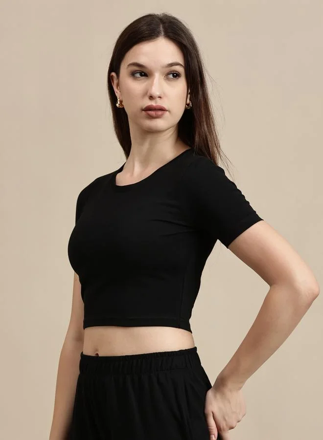 ECOLORE Black Solid Short Sleeves Crop Top