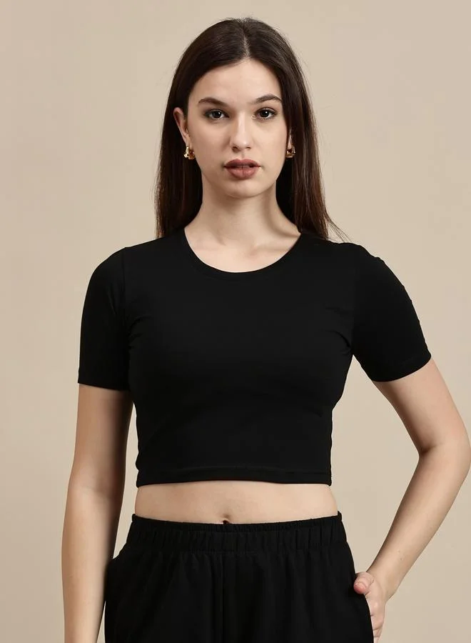 ECOLORE Black Solid Short Sleeves Crop Top