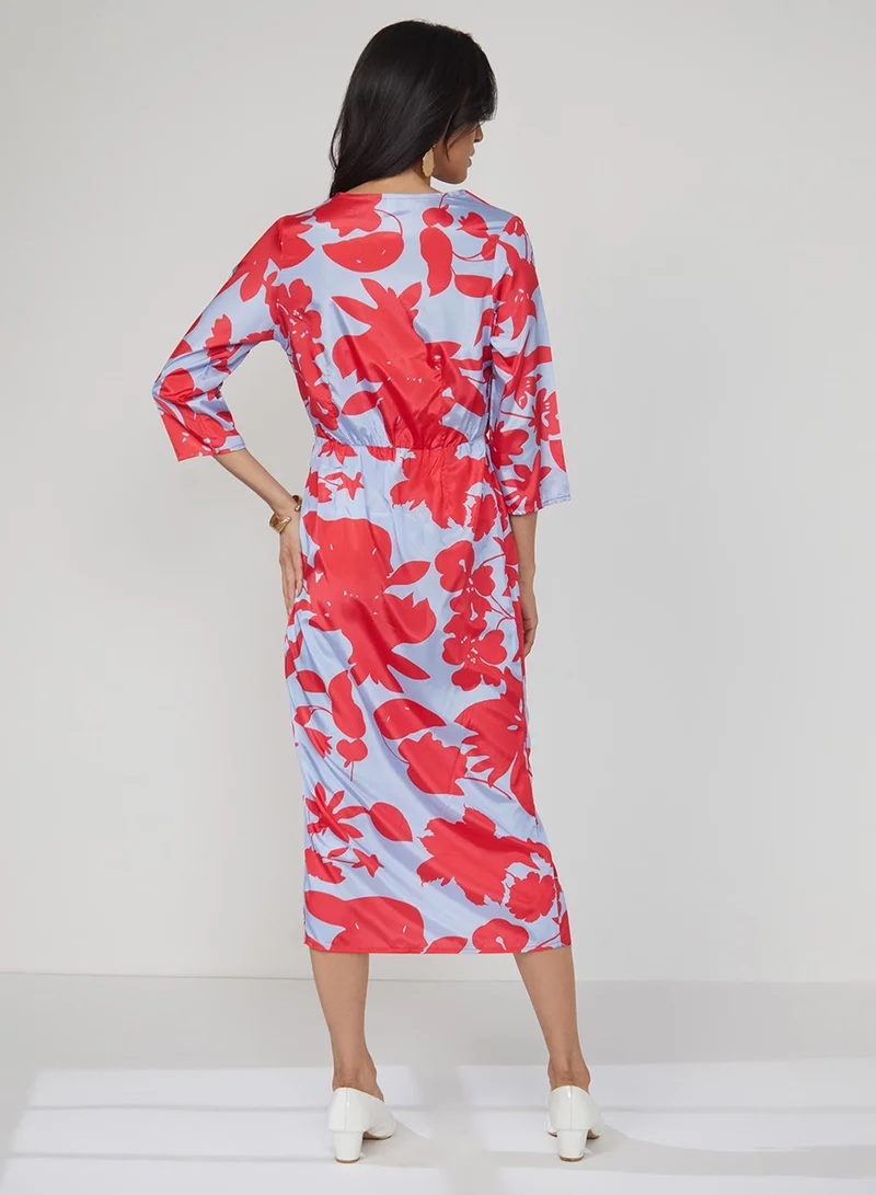 Pinacolada  Women's Icy Blue & Cherry Red Contrast Botanical Dress for Women | Best Price UAE