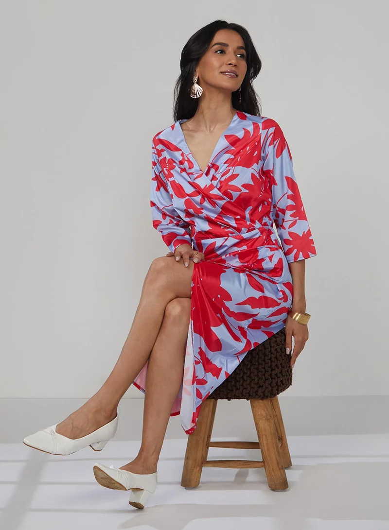 Pinacolada  Women's Icy Blue & Cherry Red Contrast Botanical Dress for Women | Best Price UAE