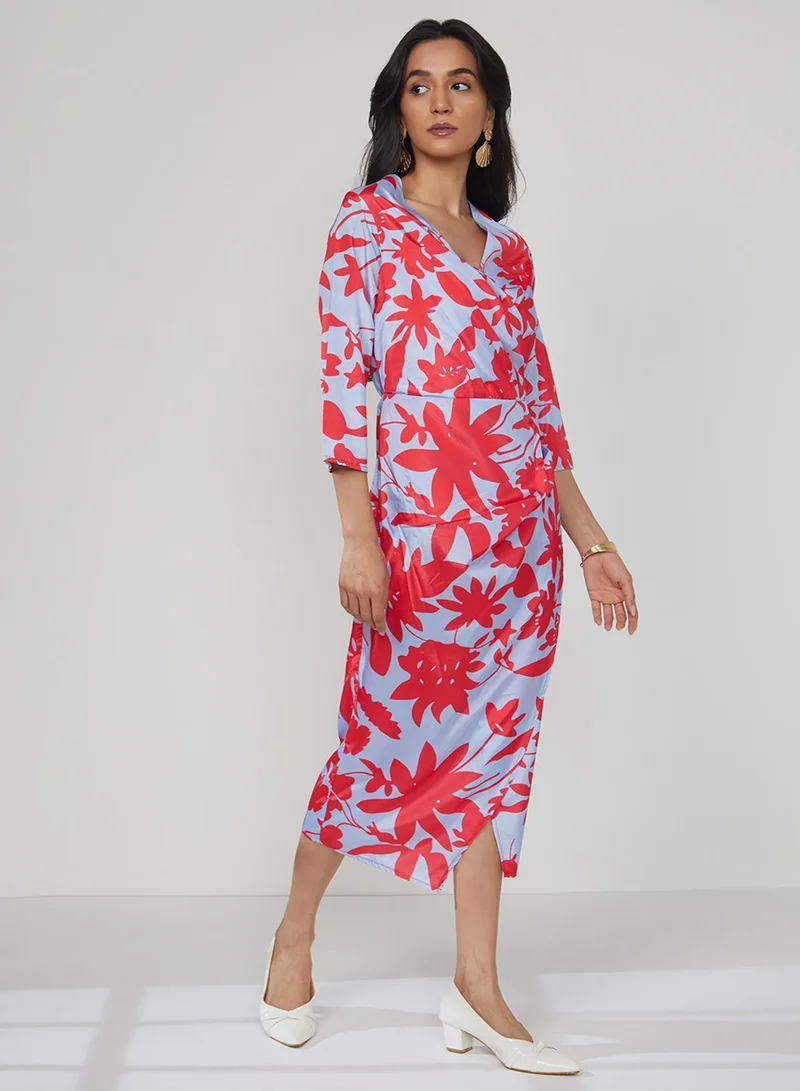 Pinacolada  Women's Icy Blue & Cherry Red Contrast Botanical Dress for Women | Best Price UAE
