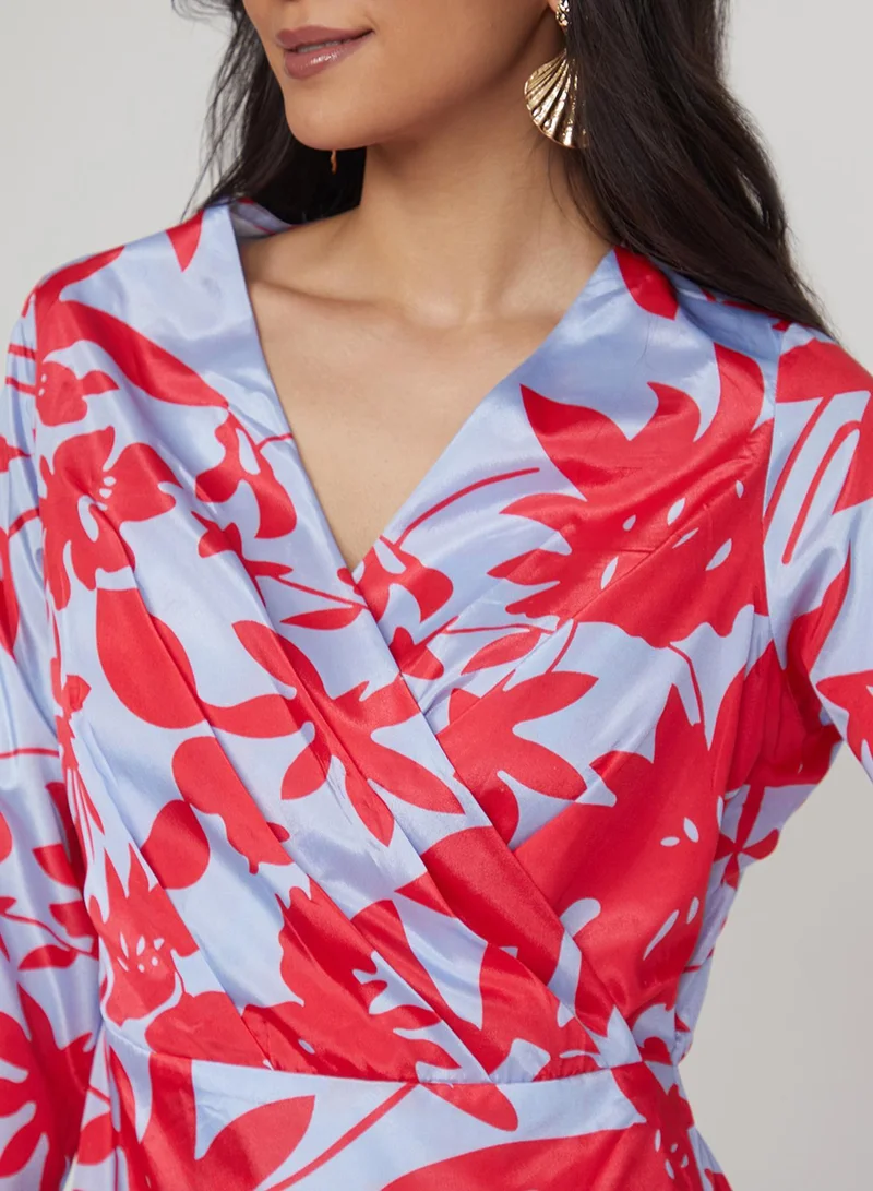 Pinacolada  Women's Icy Blue & Cherry Red Contrast Botanical Dress for Women | Best Price UAE