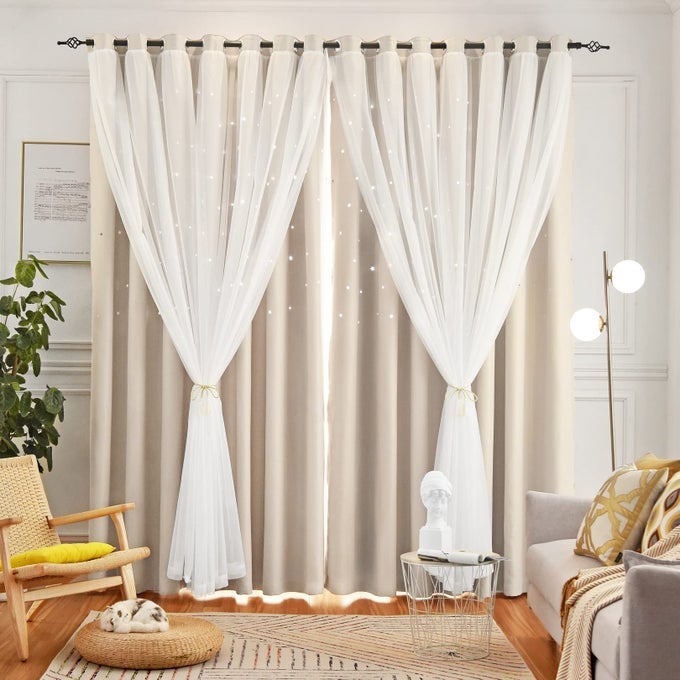 STAR BLACKOUT BEDROOM CURTAINS BEIGE 52W X 63L 2 PANELS