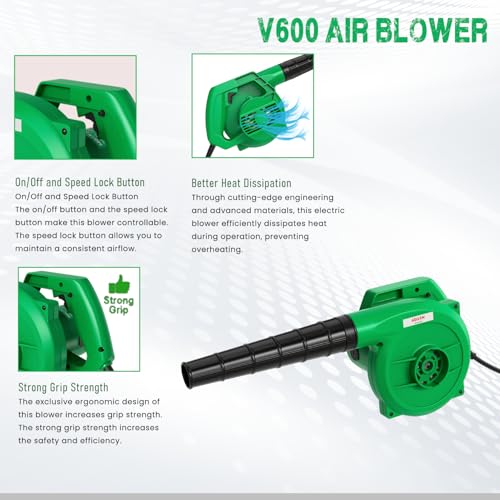 AEGON V600 Professional Air Blower 600W with Flow Control, 100% Copper Motor, 16000 RPM, Powerful 4.5 m³/min Airflow – for Car, Home, Garden & PC Cleaning – Green - Image 2