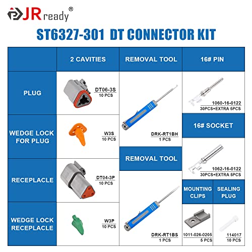 JRready ST6327-301 Deutsch 3 Pin DT Connector Kit, Size 16 Stamped Contacts 14-18AWG, Seal Plug, 3 Pin Way Gray Waterproof Automotive Electrical Wire Connector 10 Set. - Image 2
