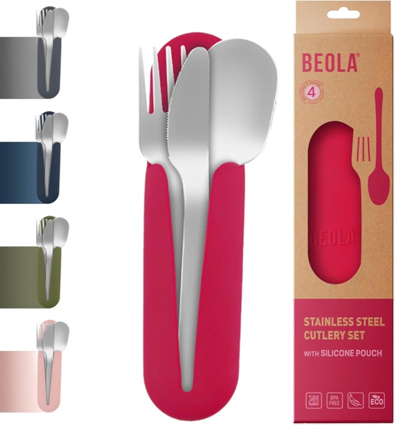 BEOLA Stainless Steel Cutlery Set, Travel Utensils Set with Silicone Case Pouch, Fork Spoon Knife Camping Set, Cutlery Set for Kids School, Set of 4 (Paspberry)