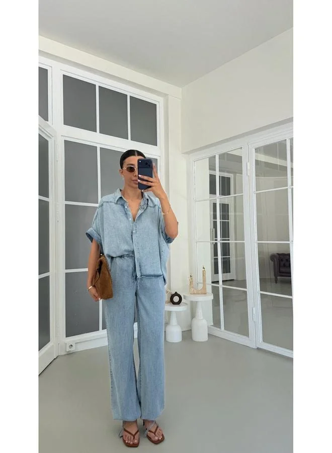 جاوس قميص أزرق وسروال قابل للتعديل مجموعة تينسيل دنيم مزدوجة GAUS-01771.