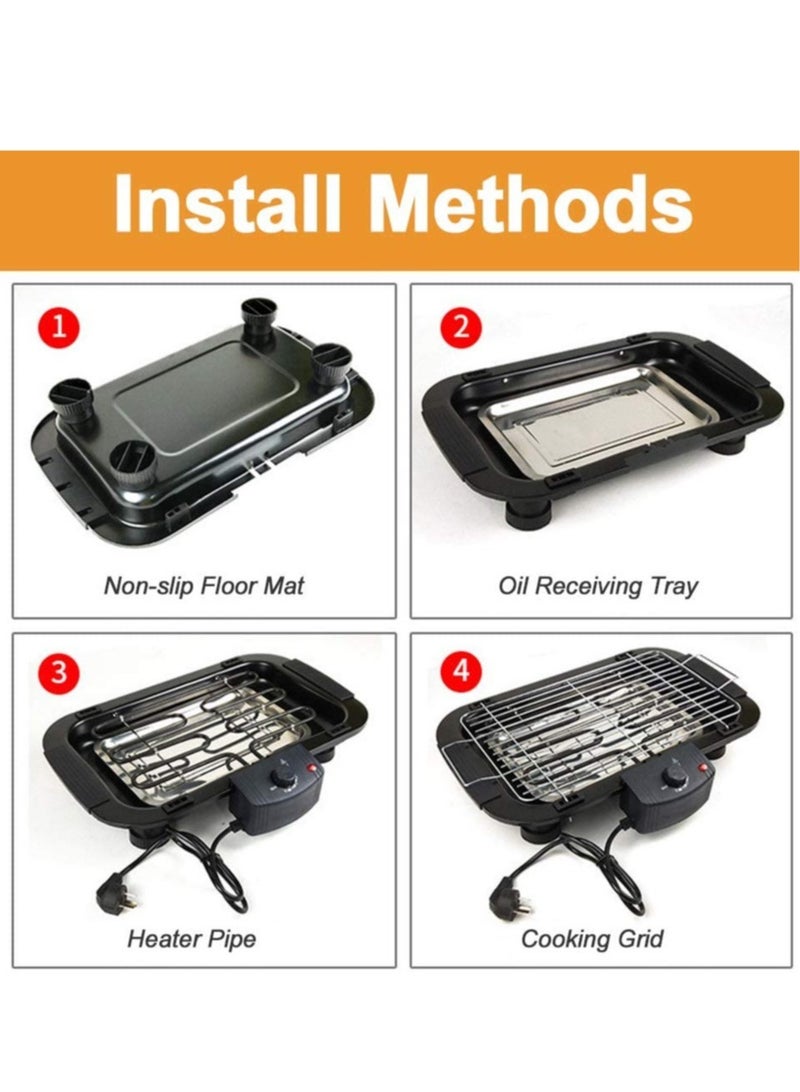 شواية كهربائية محمولة بدون دخان للاستخدام الداخلي/الخارجي، شواية طاولة، شوايات مطبخ، تحكم في درجة الحرارة قابل للتعديل، صينية تنقيط قابلة للإزالة مملوءة بالماء، 2000 واط، أسود - Image 3