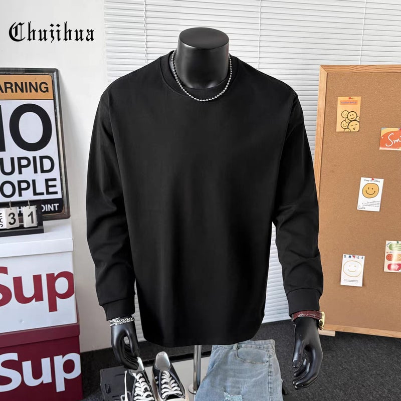 Xinjiang cotton 320g heavyweight pure cotton round-neck long-sleeved T-shirt loose casual plus-size base T-shirt for men and women trendy - Image 2