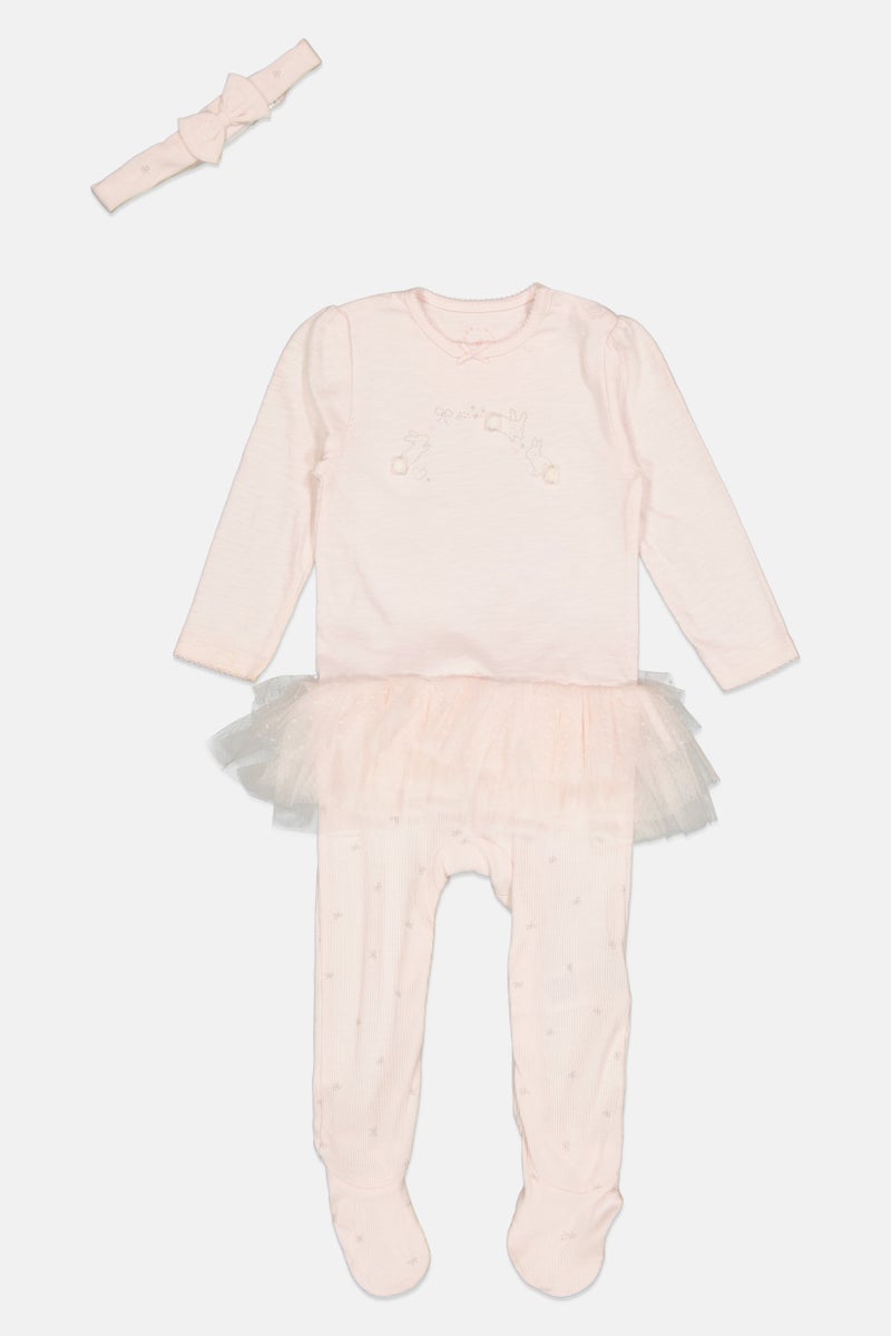 mothercare بدلة طويلة الأكمام مطبوعة للأطفال مع رباط رأس، وردي - Image 1