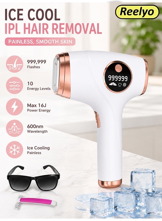Reelyo IPL Hair Remval Device, Ice Cooling Painless with FDA Certification, 999,999 Unlimited Flashes Permanent Laser Hair Remover with 10 Adjustable Energy Levels & Skin Sensor, Home Use Epilator Machine with Free Shaver & Protective Goggles for Face Armpit Bikini Leg Body for Women Men, Corded UK Plug White - Image 1