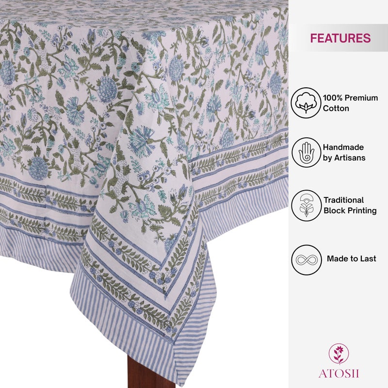 ATOSII Mahoka Blue 100% Cotton Fall Tablecloth, Handblock Floral Linen Table Cloth for Kitchen Dining Table I Parties Weddings Outdoors Easter Valentine's Gift I 60 X 108 Inches I 8 Seater - Image 2