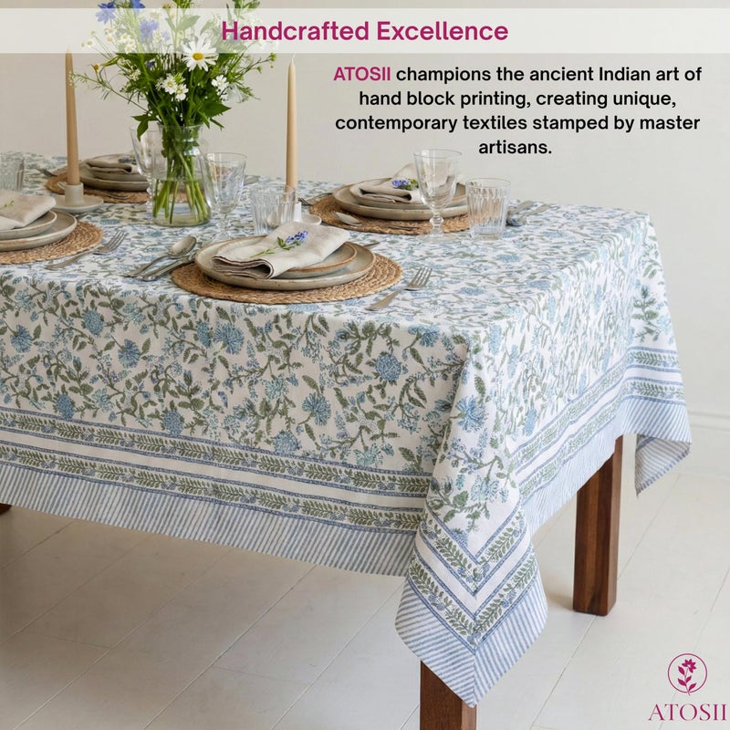 ATOSII Mahoka Blue 100% Cotton Fall Tablecloth, Handblock Floral Linen Table Cloth for Kitchen Dining Table I Parties Weddings Outdoors Easter Valentine's Gift I 60 X 108 Inches I 8 Seater - Image 3