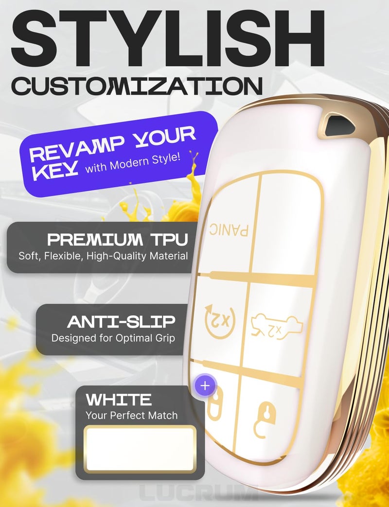 Lucrum for Dodge, Jeep, Chrysler Key Fob Cover and Leather Keychain, 5 Buttons Key Case for Dodge Ram, Charger, Dart, Durango, Journey - 2011-2025 Keyfob Cover for M3N-40821302 - White and Gold - Image 3