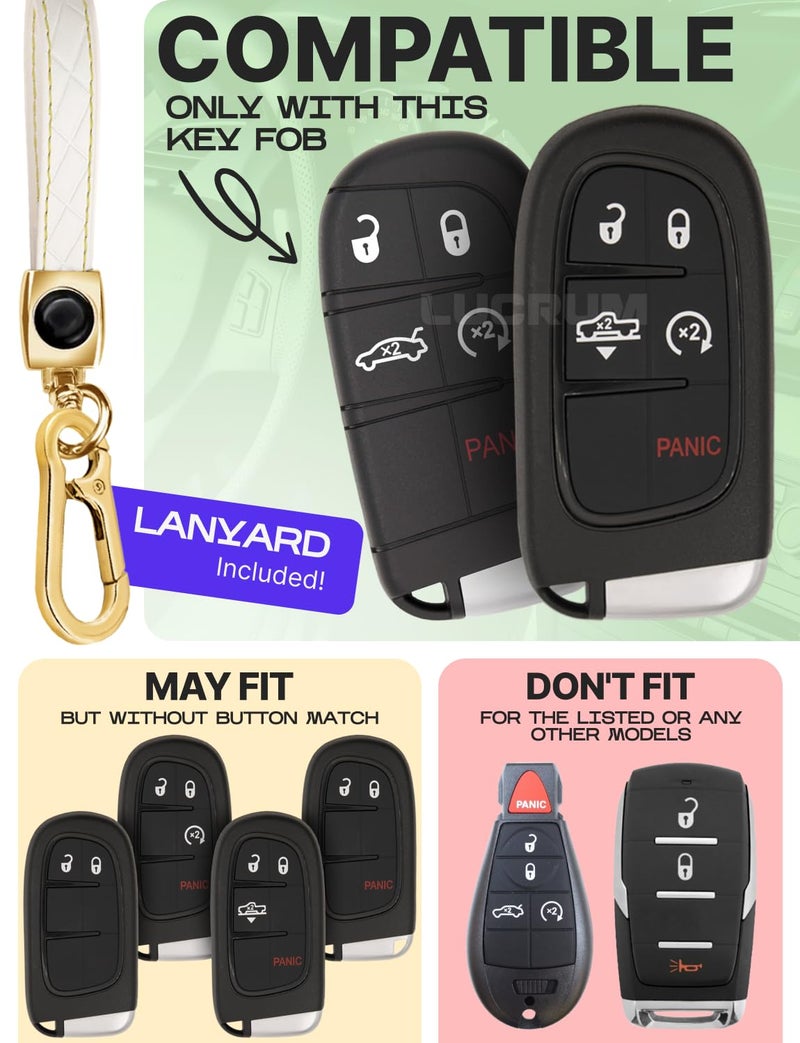 Lucrum for Dodge, Jeep, Chrysler Key Fob Cover and Leather Keychain, 5 Buttons Key Case for Dodge Ram, Charger, Dart, Durango, Journey - 2011-2025 Keyfob Cover for M3N-40821302 - White and Gold - Image 2
