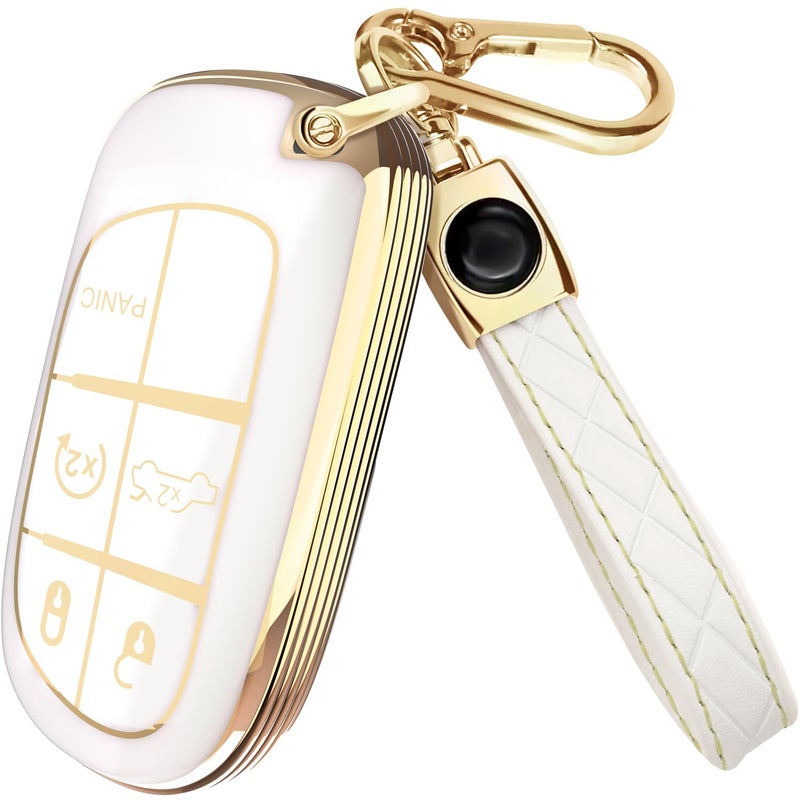 Lucrum for Dodge, Jeep, Chrysler Key Fob Cover and Leather Keychain, 5 Buttons Key Case for Dodge Ram, Charger, Dart, Durango, Journey - 2011-2025 Keyfob Cover for M3N-40821302 - White and Gold - Image 1