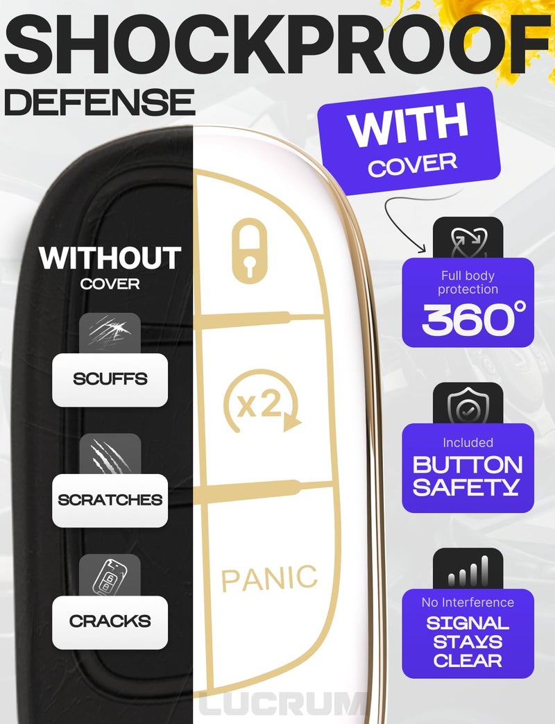 Lucrum for Dodge, Jeep, Chrysler Key Fob Cover and Leather Keychain, 5 Buttons Key Case for Dodge Ram, Charger, Dart, Durango, Journey - 2011-2025 Keyfob Cover for M3N-40821302 - White and Gold - Image 4