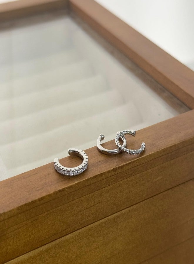 اتش تي اتش أساور أذن نسائية مطلية بالذهب عيار 14 قيراط مرصعة بالزركونيا المكعبة، أقراط حلقية صناعية بدون ثقب، أقراط غضروفية (3 قطع، فضية) - Image 3