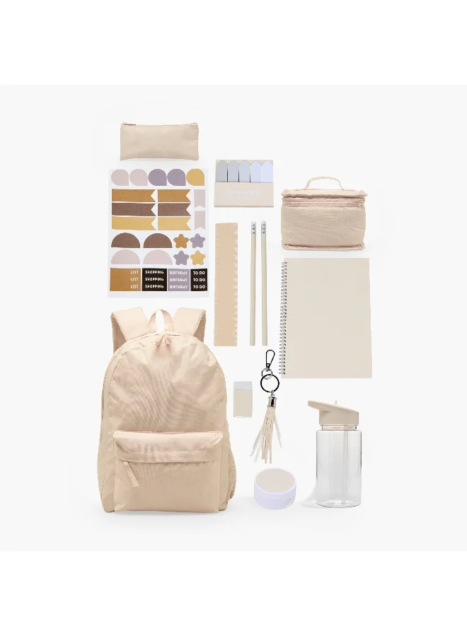Lifestyle Backpack-Set Of 12-With Lunch Bag-Pencil Case.Water Bottle With Stationary Items- (Polyester) Beige \ 32X45X13.5