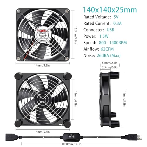 Wathai 140mm x 25mm USB Cooliing Fan 5V with Speed Control for Computer Case Receiver DVR PlayStation Xbox PS4 Router Cabinet Cooling - Image 2