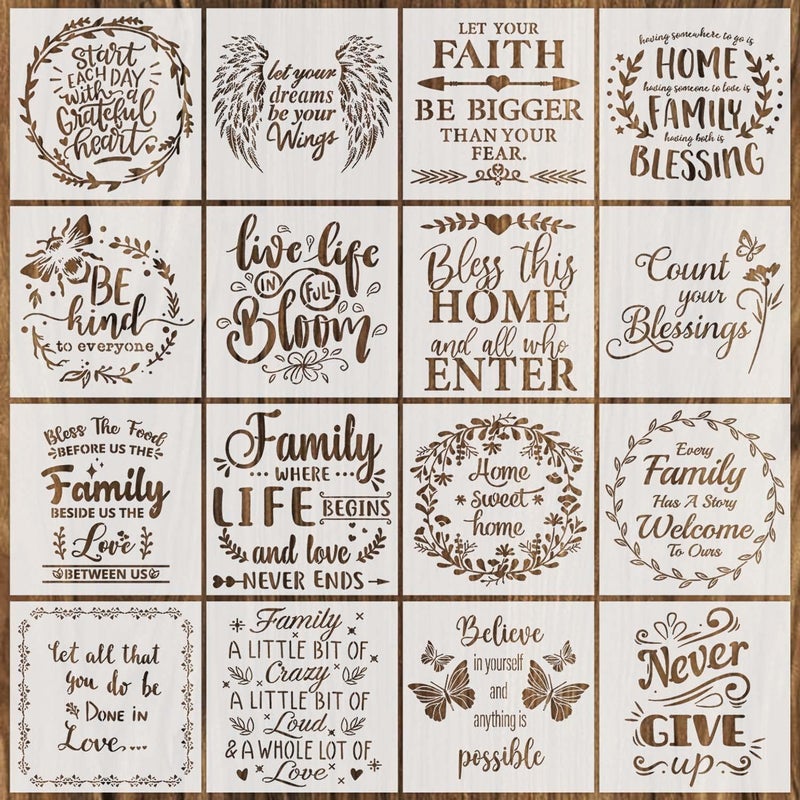 eageus 16 Pieces Inspirational Word Stencils Kit Large Motivational Stencil Reusable Phrase Word Template Family Sign Stencils for Painting on Wood, Porch, Front Door, Home Decor(11.8x11.8Inch) - Image 1