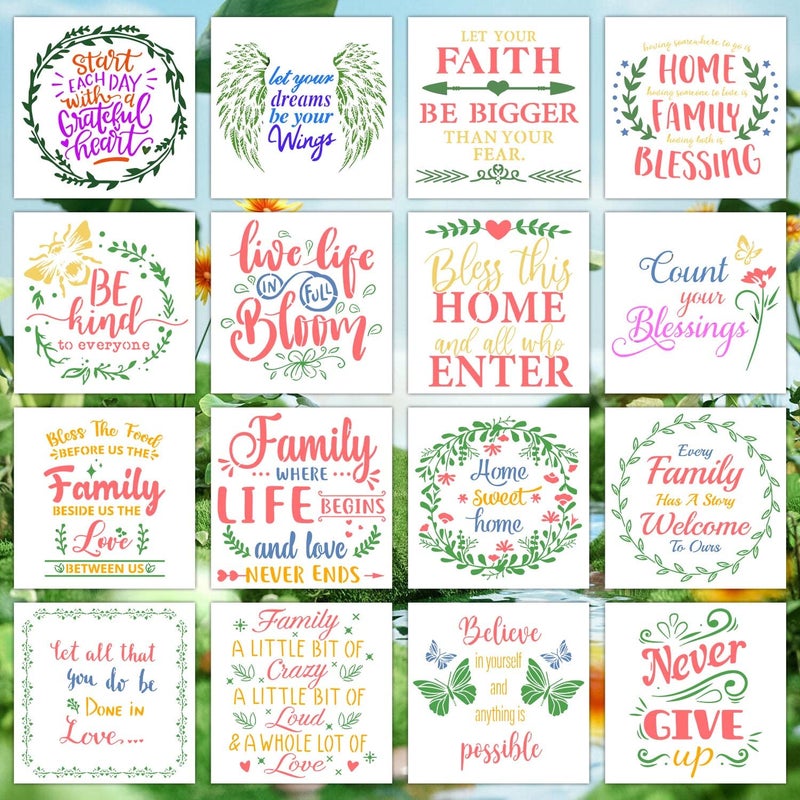 eageus 16 Pieces Inspirational Word Stencils Kit Large Motivational Stencil Reusable Phrase Word Template Family Sign Stencils for Painting on Wood, Porch, Front Door, Home Decor(11.8x11.8Inch) - Image 5