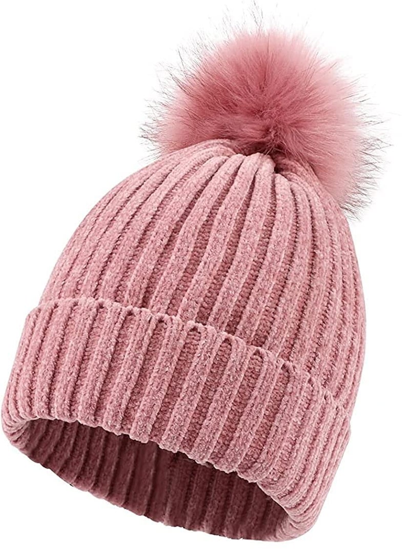 RR DESIGN Winter Warm Wool Pom Pom Hat Soft Thick Knit Acrylic Beanie Hat Caps-Winter Headgear for Girls and Women's (Light Pink) - Image 1