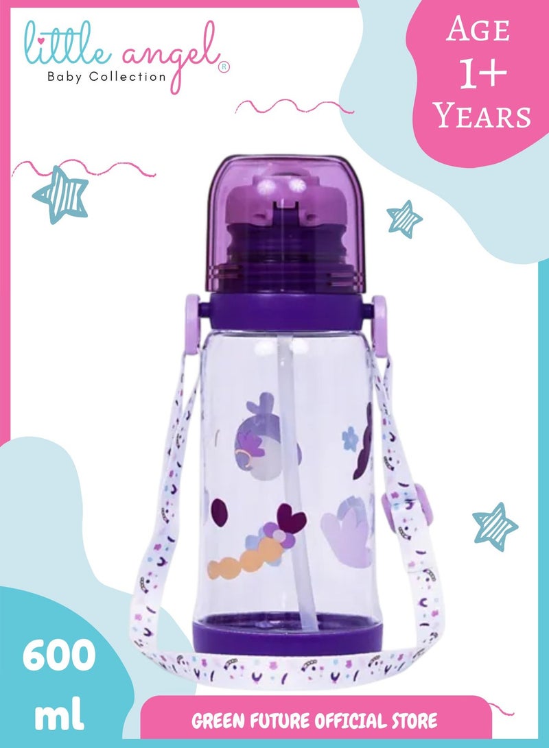 Little Angel Kids Water Bottle 600ml with Flip Straw, Lightweight, Leakproof, Portable with Adjustable Strap for School, Sports, and Travel - Color Purple - Image 1