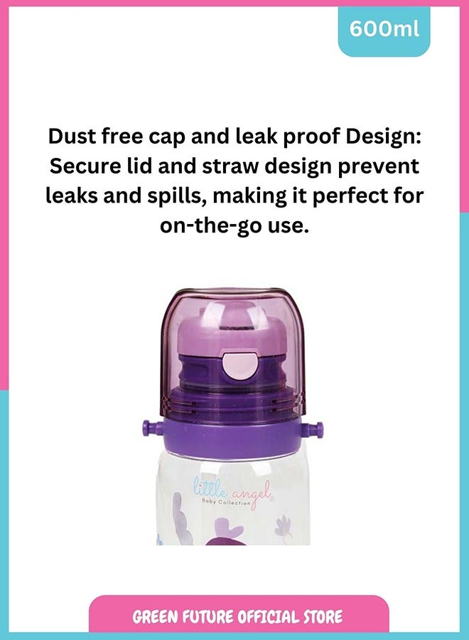 Little Angel Kids Water Bottle 600ml with Flip Straw, Lightweight, Leakproof, Portable with Adjustable Strap for School, Sports, and Travel - Color Purple - Image 4